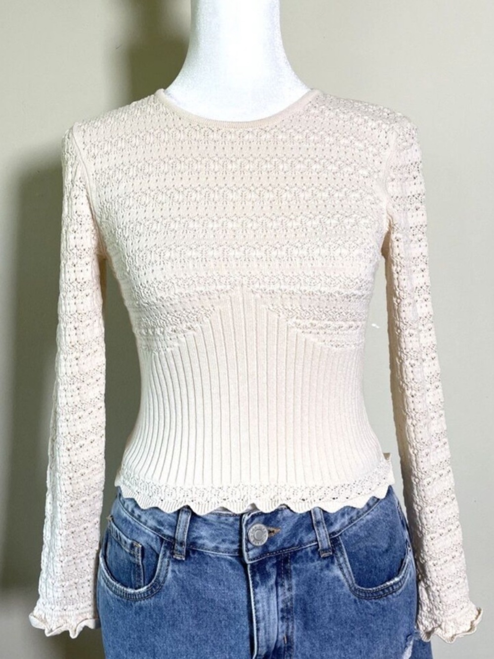 Zara Cream Scalloped Knit Long-Sleeve Top